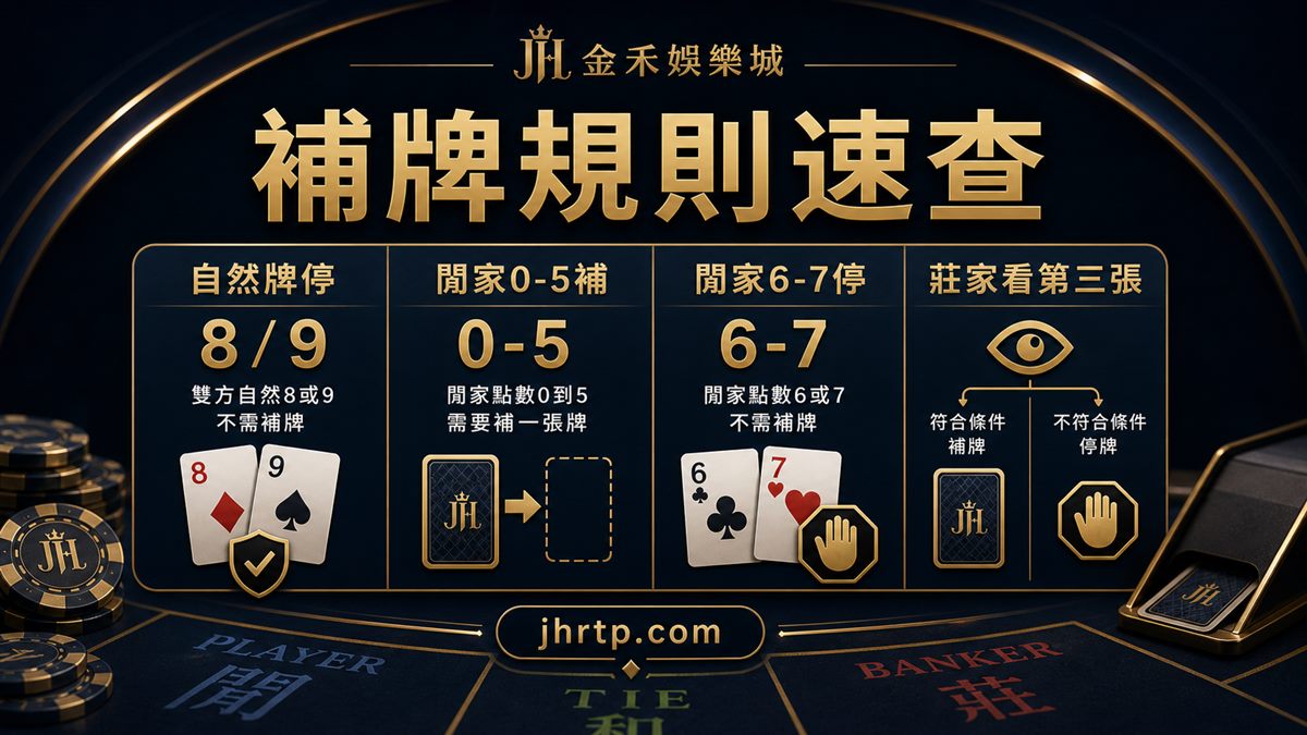 百家樂補牌規則速查:自然牌、閒家0到5補、6到7停、莊家看第三張