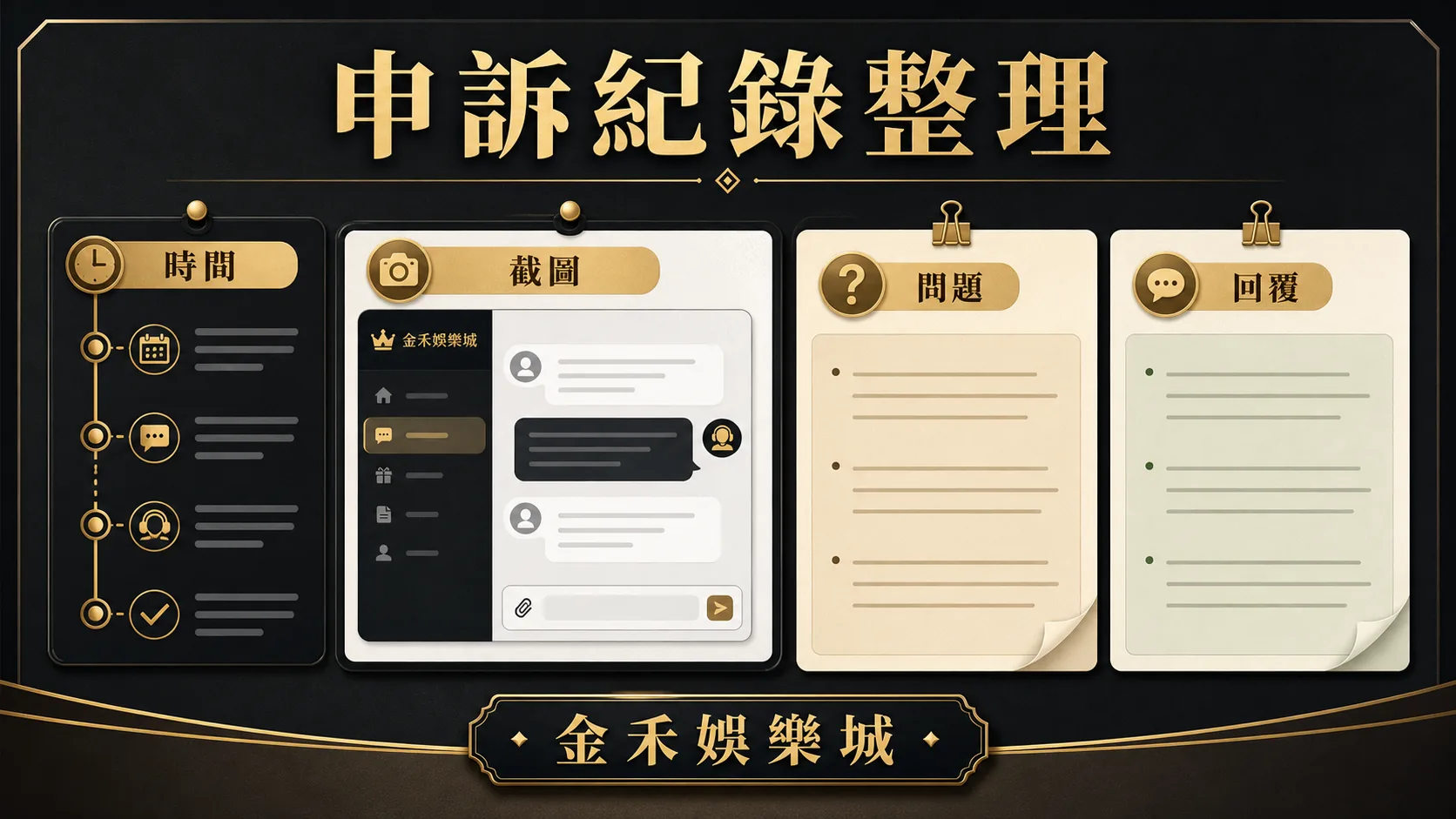 金禾娛樂城申訴紀錄整理插圖,呈現時間、截圖、問題與回覆四項紀錄重點