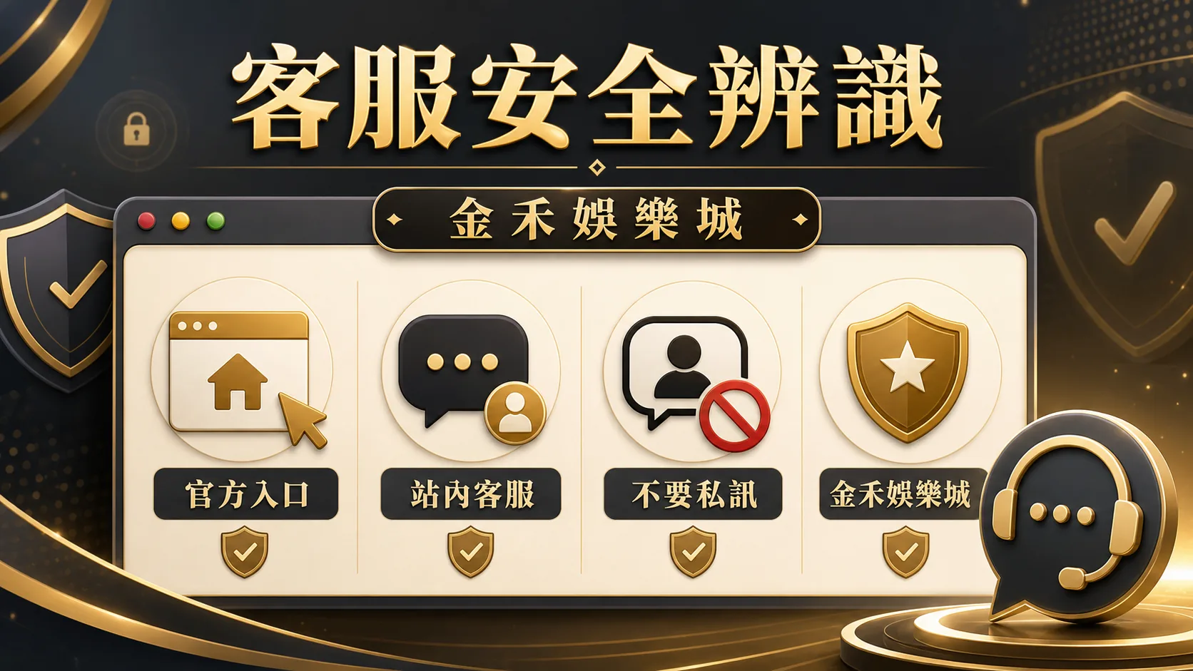 金禾娛樂城客服安全辨識插圖,提醒從官方入口、站內客服與不要私訊三點確認客服來源