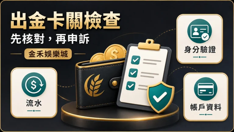 金禾娛樂城出金卡關檢查插圖,提醒先核對流水、身分驗證與帳戶資料