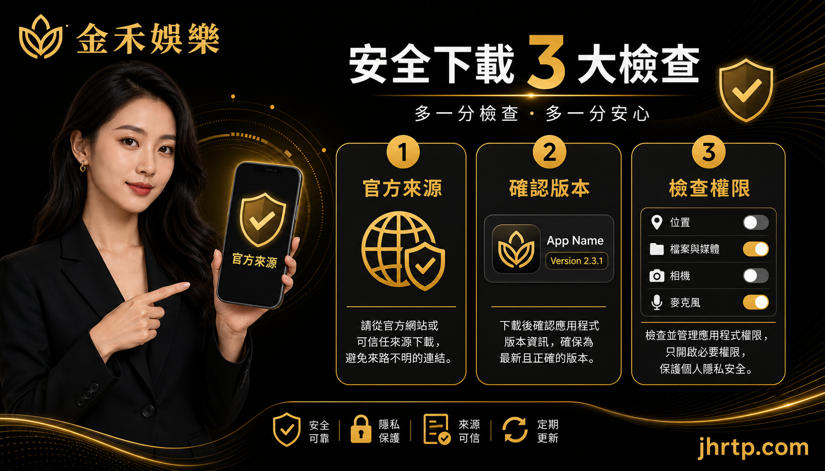 APP 官方來源、版本與權限檢查資訊圖