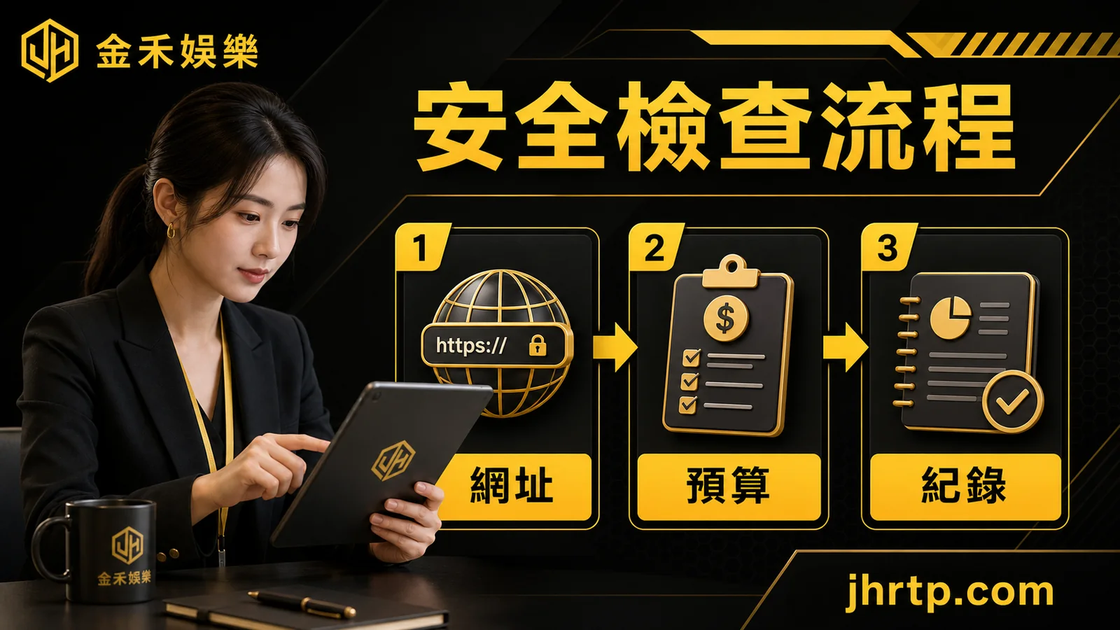 金禾娛樂安全檢查流程插圖,呈現網址、預算與紀錄三個使用前步驟。