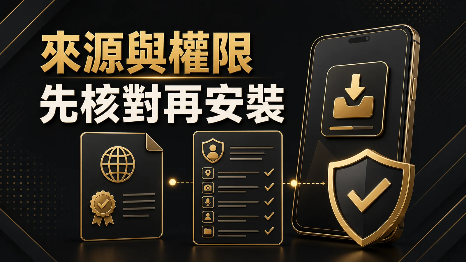 手機 App 安裝前的來源與權限檢查示意圖